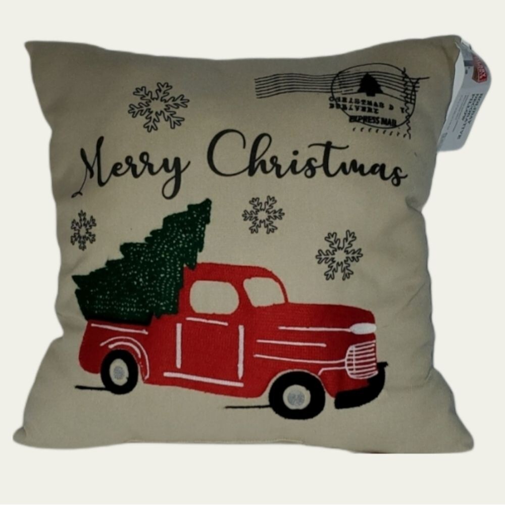 MERRY MOMENTS Pillow Merry Christmas Tree Old Red Truck Holiday Decor Decoration